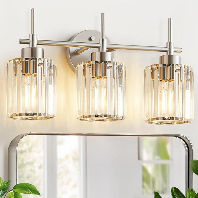 EJIAXIN 3 Light Crystal Bathroom Light Fixtures, Brushed Nickel Vanity Mirror Lights, Crystal Bath Vintage Wall Mounted Lamps Wall Light Fixtures for Bathroom, Living Room