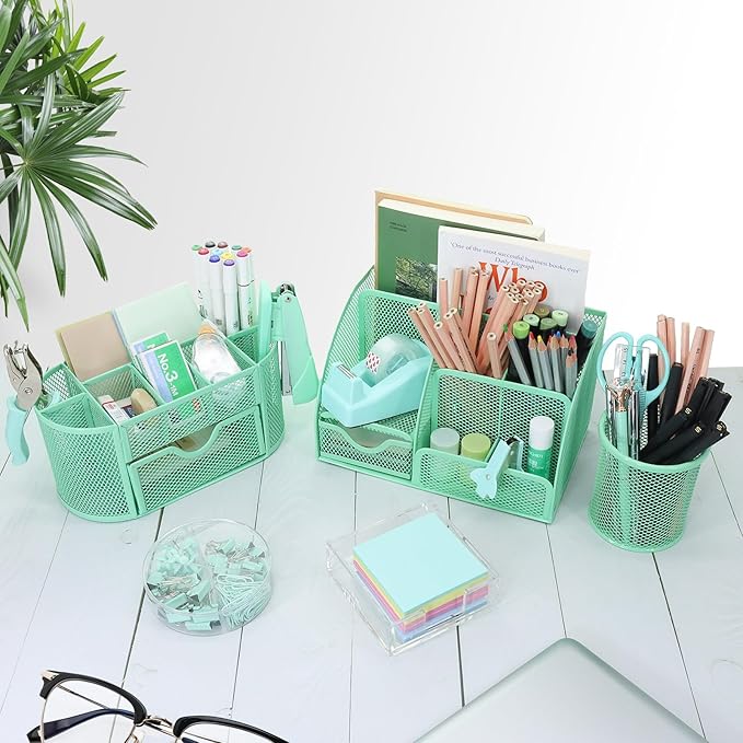 17 in 1 Green Desk Organizers and Accessories Set, 3 Office Desk Supplies Storage Organization, 4 Pens, Stapler, Staples & Remover, Tape & Dispenser, Scissors, Ruler, Clips, Hole Punch, Back to School