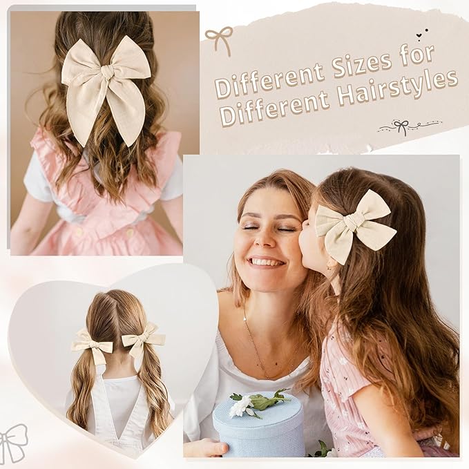 DEEKA 4 PCS Beige Cotton Linen Hair Bows 3 Styles 5" & 4" Handmade Hair Bow set for Toddler Girls Alligator Hair Clips Knot Bows Hair Accessories for Little School Girls (Beige)