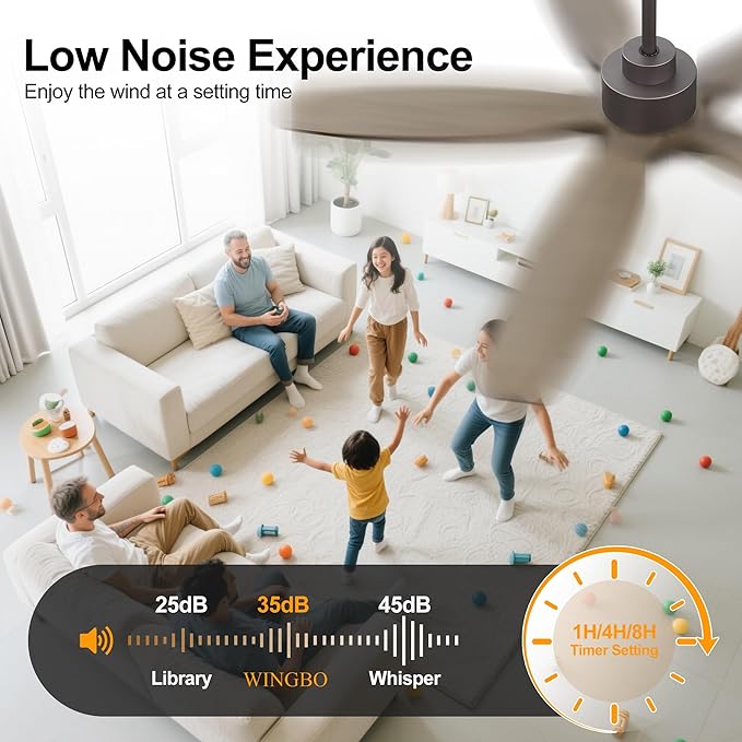 WINGBO 54" Ceiling Fan with Light - 5 Carved Solid Wood Blades, 6-Speed Reversible DC Motor, Dimmable, 3CCT, Noiseless Remote Control Ceiling Fans with Lights for Bedroom Living Room, Charcoal Gray