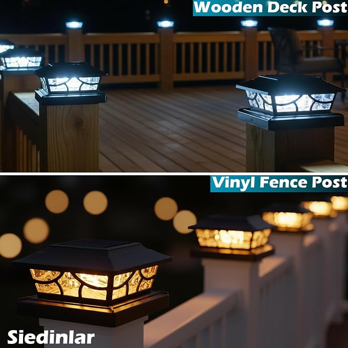 SIEDiNLAR Solar Post Cap Lights Outdoor 4 Modes Deck Fence Post Light for 4x4 5x5 6x6 Wooden Vinyl Posts Patio Garden Decor, Warm White & Cool White Dynamic Lighting Black (4 Pack)