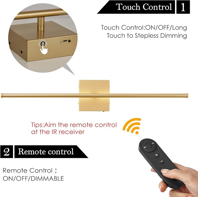 KARTOOSH Battery Operated Wall Sconces with Remote Control, Dimmable Wall Sconces Set of Two, 350°Rotate, 3000K LED Gold Wireless Wall Light for Living Room, Hallway, Bedroom, 32.2 Inch (2 Pack)