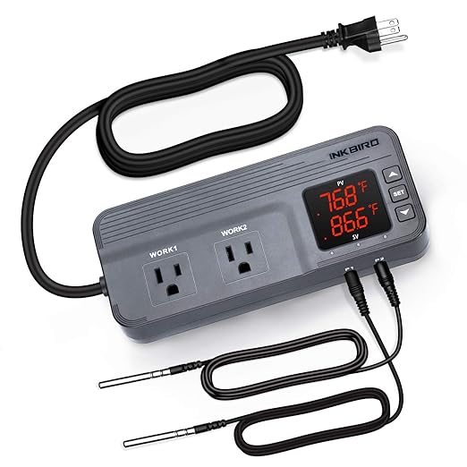 Inkbird ITC-608T Temperature Controller with Dual Temperature Sensor AC Dual Stage Outlet Thermostat with 12 Period Time Stage 1800W ETL Listed