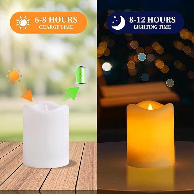 Solar Powered Candles Outdoor 6 Pack, 3"x4" IP65 Waterproof Rechargeable Solar LED Lights, Dusk to Dawn Sensor Pillar Candles for Weddings, Events, Party Decor, Garden Pathway, Yard & Patio
