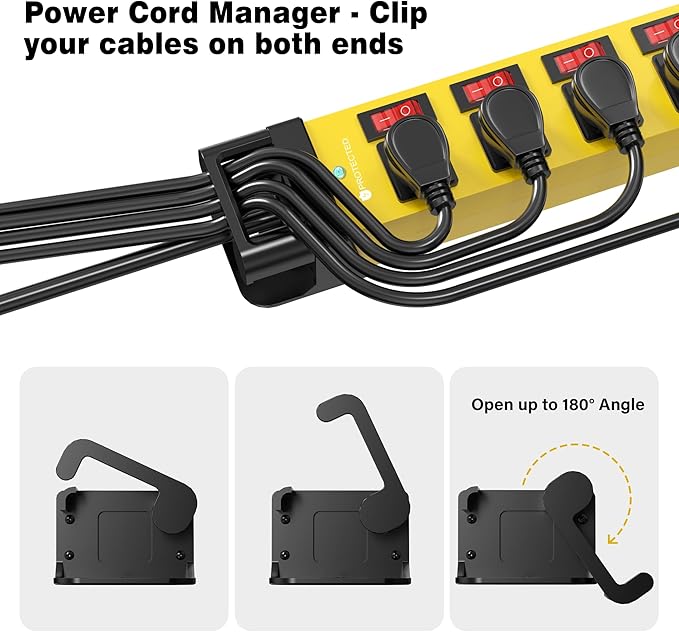 Heavy Duty Power Strip - 6 Outlet Power Strip with 6 Individual Switches Cord Manager Surge Protector 1200J Home Office Garage Industrial Workshop