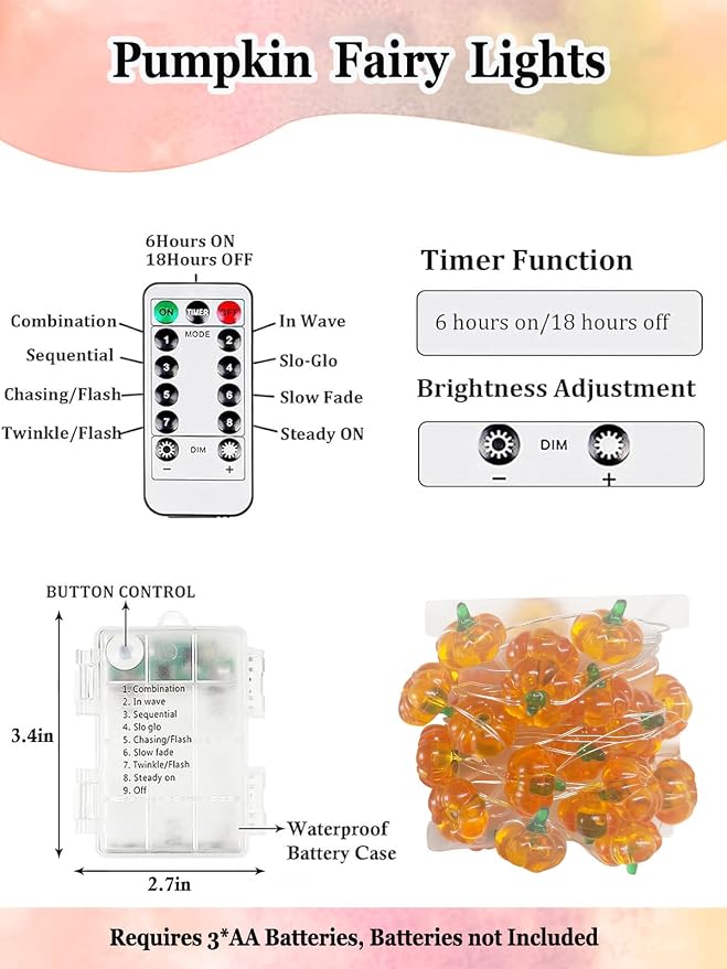 Fall Decorations 3D Pumpkin Fairy Lights Battery Operated with Remote, 10ft 30LED Fall Orange String Lights 8 Modes, Twinkle Light Waterproof Outdoor Indoor for Thanksgiving Harvest Halloween Decor