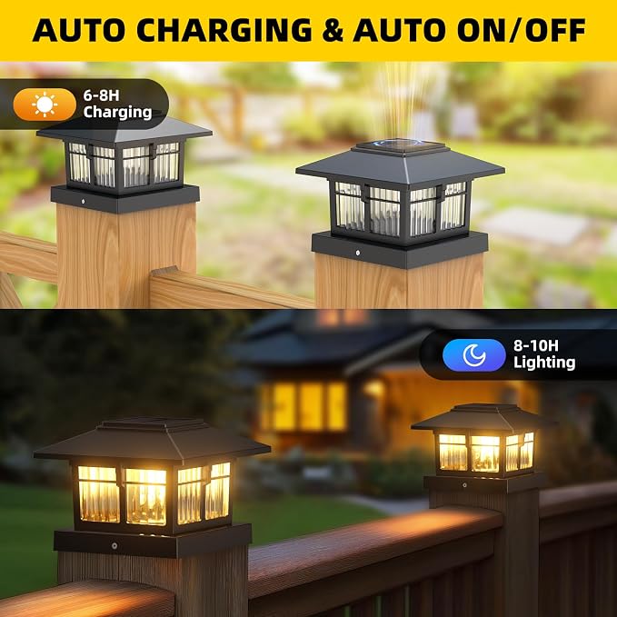 EXCMARK 4x4 Solar Post Cap Lights, 4 Pack Fence Deck Post Lights Outdoor Solar Powered Waterproof with Two Light Modes Warm&Cool White for Garden Patio Decor. (Classic Black, 4)
