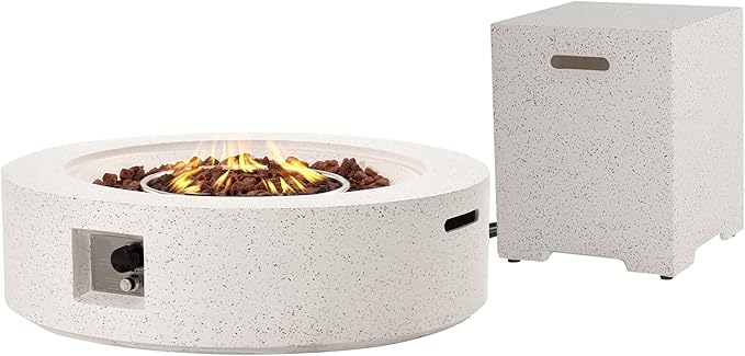 SUNBURY Outdoor Propane Fire Pit Table, 42 Inch 50000 BTU Round Spotted White Patio Gas Fire Table w Tank Cover Table, Lava Rocks, Waterproof Cover
