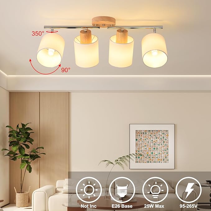 LED 4 Light Track Lighting Kit, Wooden Ceiling Spotlights with Fabric Shades, Modern Track Light Fixture with Flexibly Rotatable Light Heads for Kitchen, Living Room, Bedroom(E26 Socket, NO Bulb)