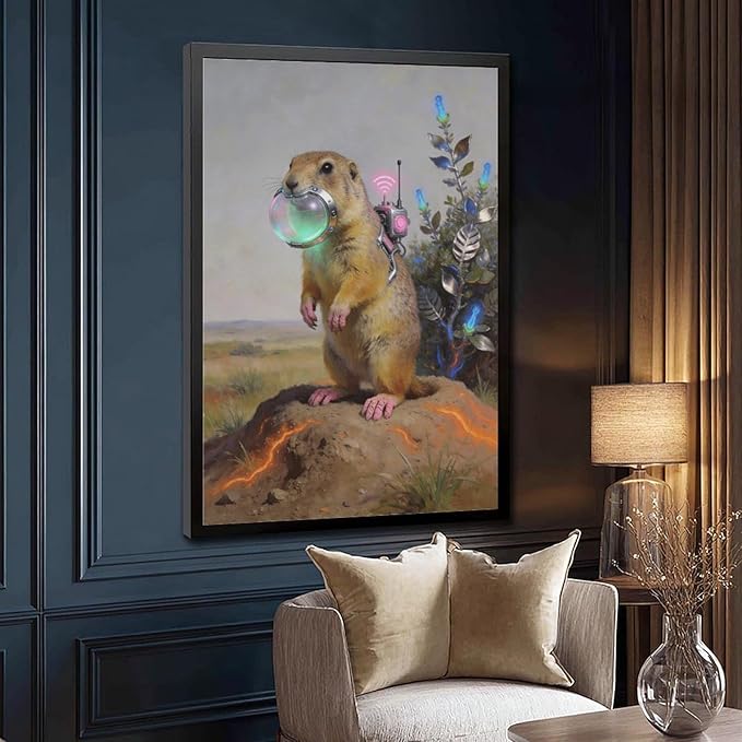 Framed Steampunk Mechanical Prairie Dog Wall Art - Retro-Futuristic Wilderness Poster for Living Room Game Room Decor 08x12in