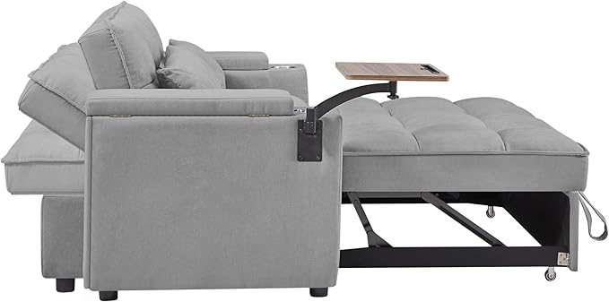 65'' Convertible Sleeper Sofa Bed with Adjustable Backrest, Chaise Lounge, Side Table & USB/Type-C Ports – Stylish & Functional Addition to Any Living Room (Light Grey)