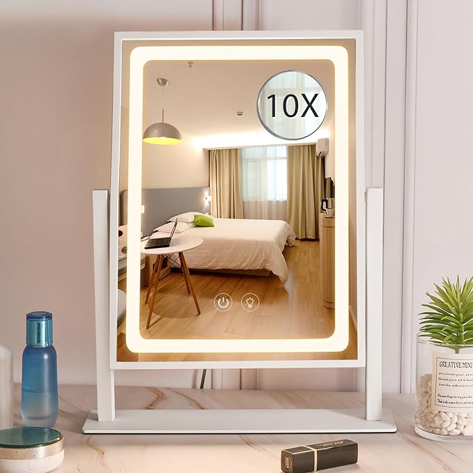 Vanity Mirror with Lights, Hollywood Makeup Mirror, Touch Control, 3 Color Lighting Modes, Dimmable, Detachable 10X Magnification Mirror, 360 Rotation (16in, White)