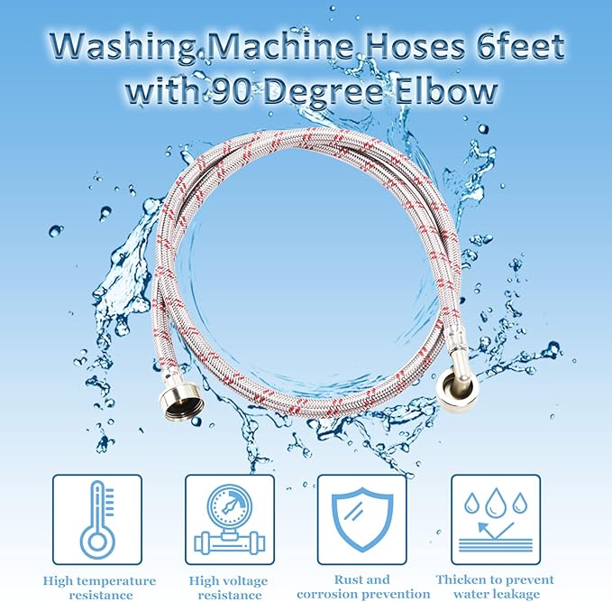 Cenipar Washing Machine Hoses 6 feet Premium Stainless Steel with 90 Degree Elbow, Burst Proof (cost-effective 2 pack) Red and Blue Striped Water Connection Inlet Supply Lines