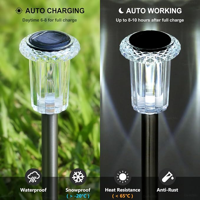 Solar Pathway Lights 10 Pack Solar Lights Outdoor Waterproof 6000K Cold White Yard Lighting, LED Stainless Steel Stake for Garden Outside Landscape Lawn Driveway Walkway Path