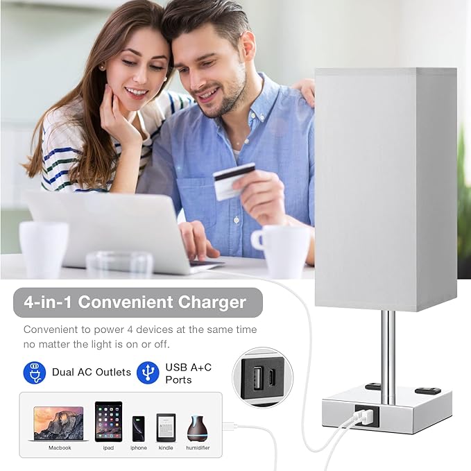 【Upgraded】Bedside Table Lamp Touch Control, with USB C+A Charging Ports & Dual AC Outlets, 3-Way Nightstand Lamp for Bedroom with LampShade Living Room Office(LED Dimmable Bulb Included)