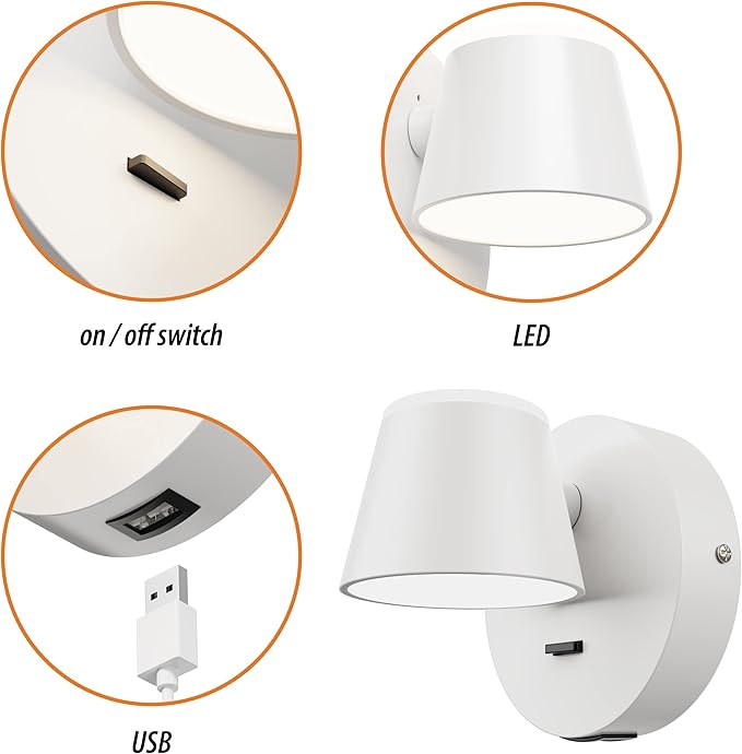 URSOLA Wall Light Set of Two, LED Wall Sconce with On/Off Switch USB Charging Port 110 Volt Hardwired Wall Lamp 350 Rotatable Up Down Sconces Wall Lighting (White)