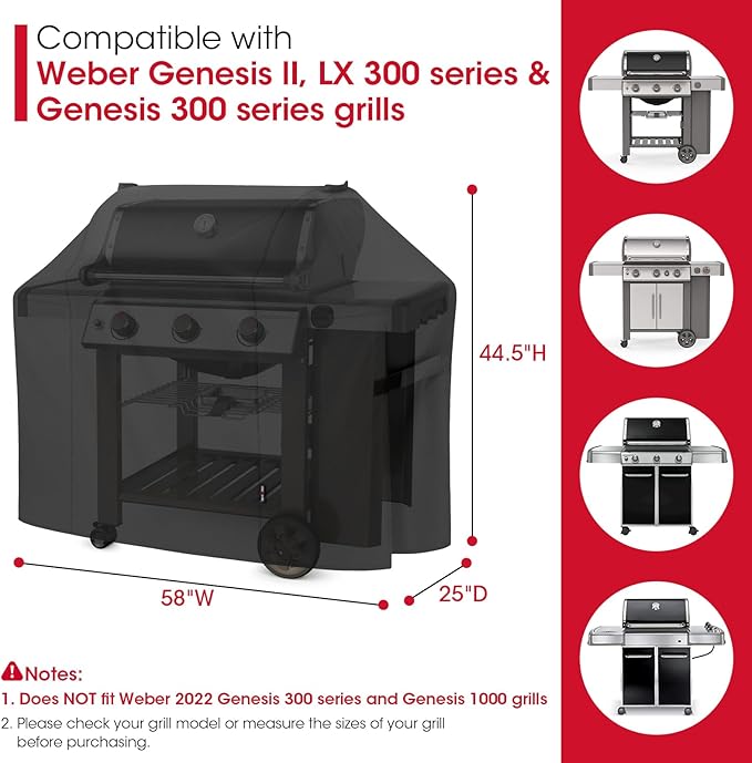Unicook 58 Inch Grill Cover for Weber Genesis II, LX 300 Series and Genesis 300 Series Gas Grills, Heavy Duty Waterproof Fade Resistant BBQ Cover, All Weather Protection, Compared to Weber 7130