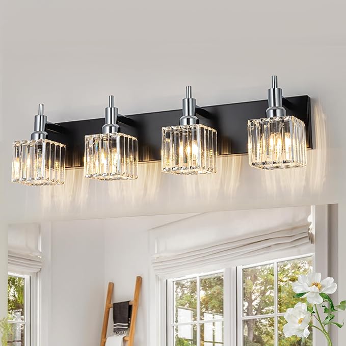 Black Chrome Bathroom Vanity Lights, Modern 4 Lights Crystal Bathroom Lighting Fixtures Over Mirror Crystal Wall Light with Square Shade