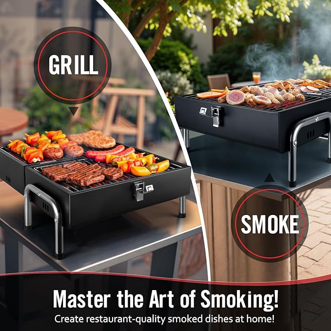 Portable Charcoal Grill, Table Top Small BBQ Grill For Outdoor, Camping, Beach, Easy Assembly, Heavy Duty & Multi-Use Small Grill, Black (270 Sq.In)