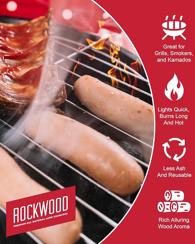Rockwood Natural Lump Charcoal – Oak, Hickory & Cherry Hardwood Blend for Barbecue Smoking, High-Heat Grilling, & Outdoor Cooking – Clean Burning, Ideal for Kettle & Kamado Grills – 20lbs (1 pack)
