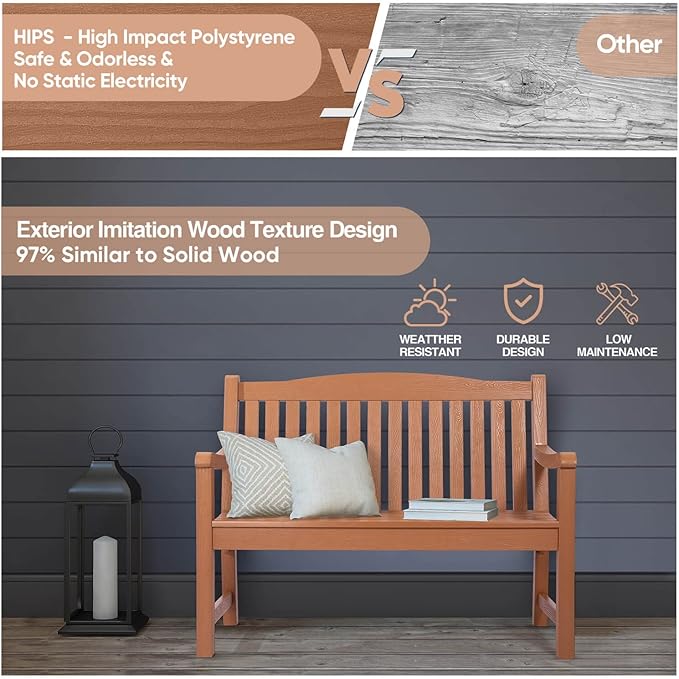 Outdoor Bench, All Weather Resistant Poly Lumber 2-Person Weatherproof Patio Garden Bench, Will not Rot and Fade, Outside Bench Suit for Garden, Porch,Balcony, Poolside, Park - Teak