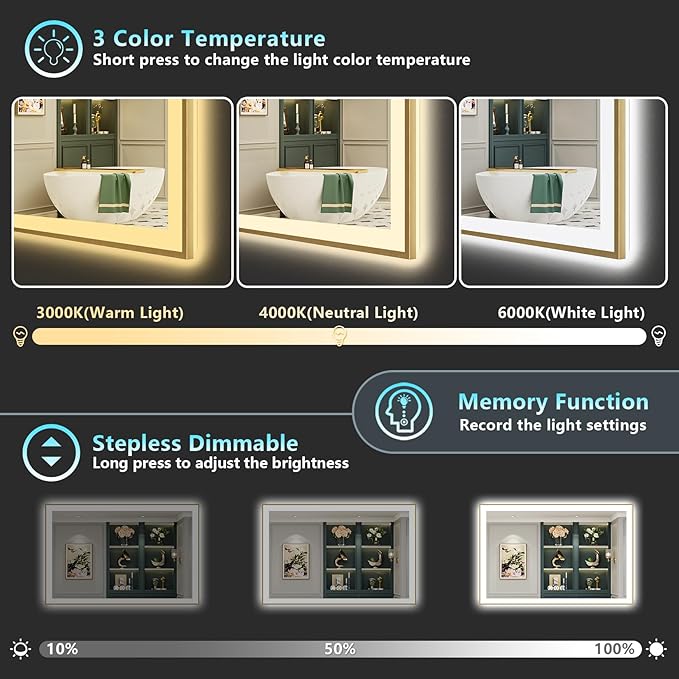 55x30 Gold LED Bathroom Mirror with Lights, Brushed Gold Framed Backlit and Front Lit Anti-Fog Lighted Vanity Mirrors for Bathroom Wall, Dimmable, 3 Colors, Memory, HD Tempered Glass, CRI＞90