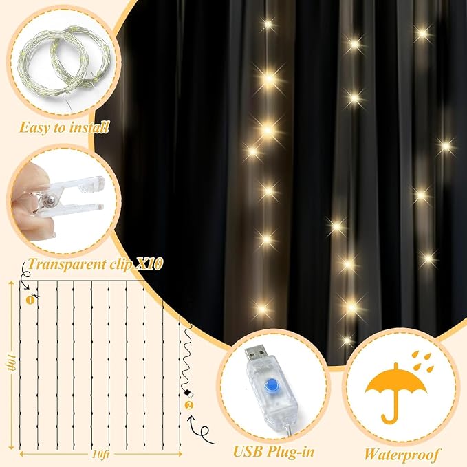 Ledido 10×8ft Black Tulle Backdrop Curtains with Lights String - 300LED Fairy Lights Sheer Curtain Backdrop for Wedding Baby Shower Photo Shoot Birthday Party Decoration(2 Panels 5×8ft)，Black