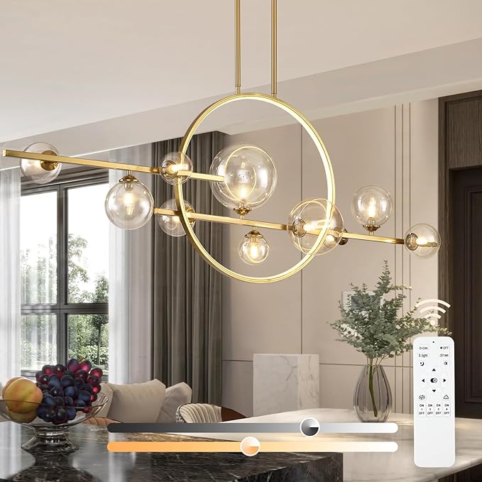 KELUOLY 10-Light Gold Kitchen Island Light, 54" Modern Dimmable Mid-Century Dining Room Chandelier, Linear Sputnik Pendant Lights with Globe Clear Glass Shade for Dining Room Kitchen Island, bar