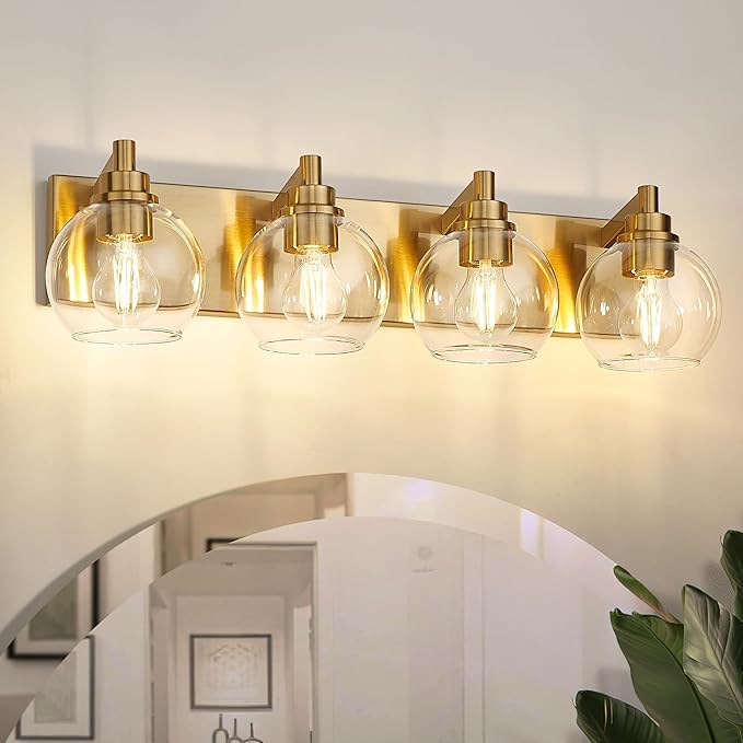 Bathroom Light Fixtures, 4 Light Brushed Gold Vanity Light, 26 Inch Modern Wall Sconces with Globe Clear Glass Shade, Vanity Lighting Fixtures Over Mirror, VL195-BG-CL-4