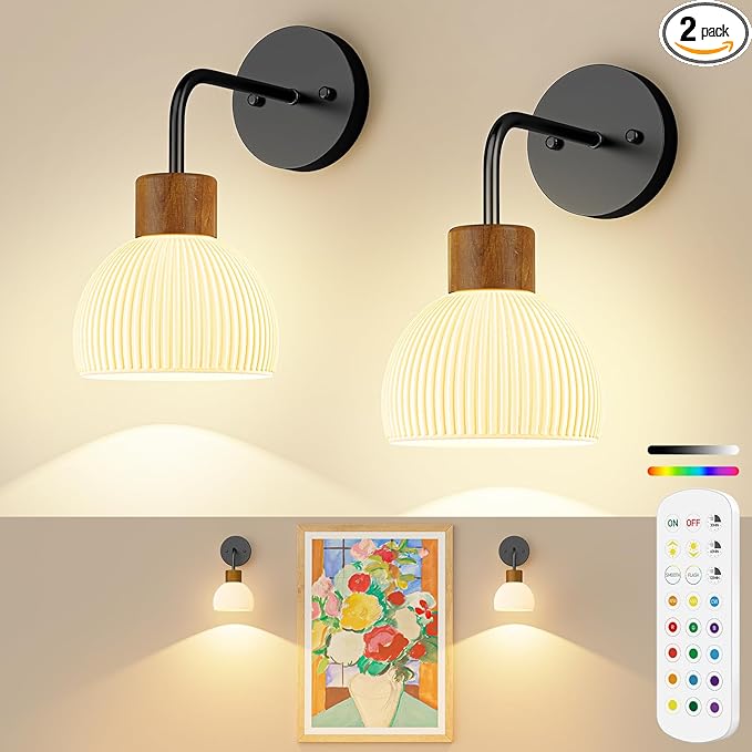 Glass Battery Operated Wall Sconces Set of 2, Rechargeable Wall Lamp with Remote, 12 Colors Dimmable Wireless Sconces Wall Decor Set of 2 with Timer for Bedroom Living Room (Black, 2 Pack)