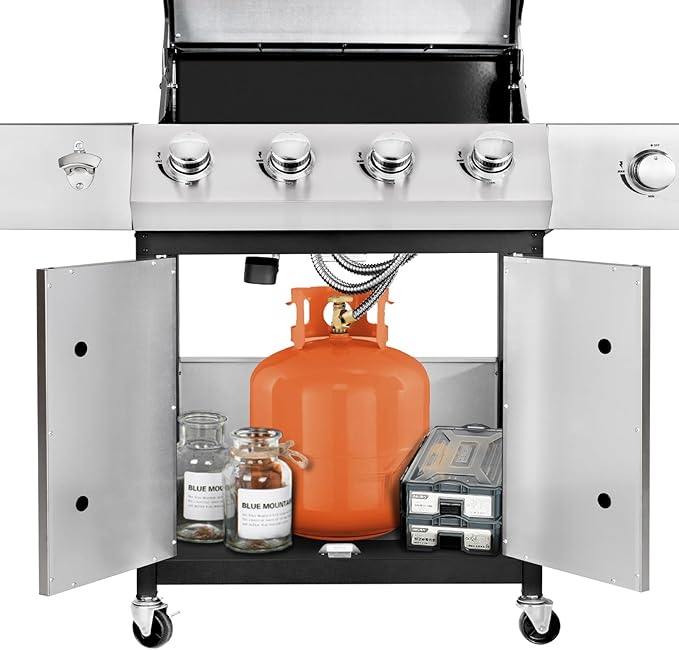 4-Burner Propane Gas BBQ Grill with Side Burner, Barbecue Gas Grill with Enameled Cast Iron Grates for Outdoor Patio Garden Barbecue, 53,000 BTU, Stainless Steel Grill Cover included