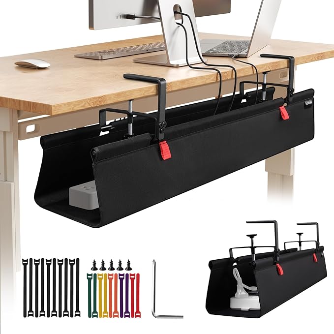 Under Desk Cable Management Tray with Clamp, No Drill 36" Cord Organizer for Desk, Desk Cable Management Fabric Tray for Standing Desks, Ideal for Home & Office - Black