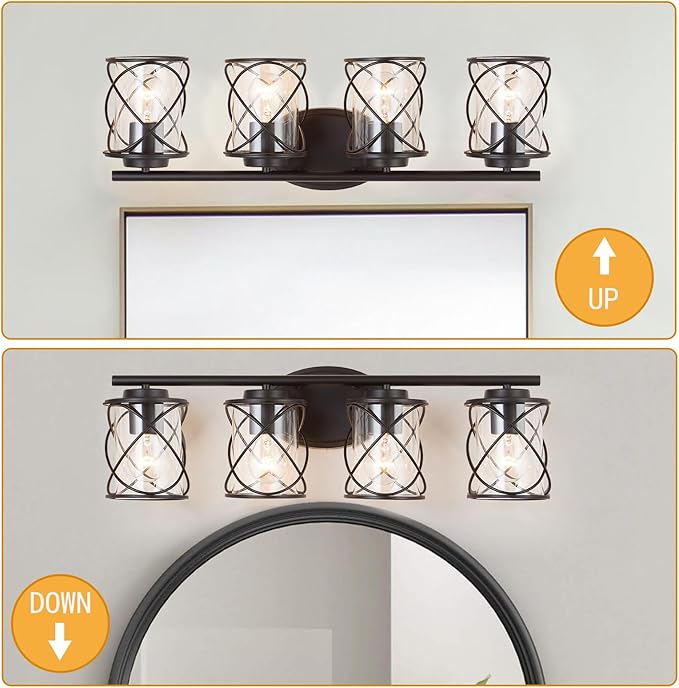 4-Lights Bathroom Light Fixtures, Matte Black Modern Vanity Light Over Mirror, Bathroom Wall Lamp for Mirror Kitchen Living Room Hallway Porch, Farmhouse Wall Lights with Clear Glass Cage Shade