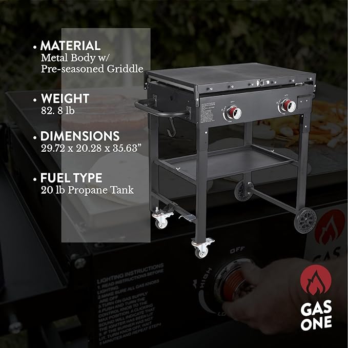 GasOne Foldable Propane Burner Grill – 28-Inch Flat Top Grill Griddle Cooking Station – 2 Burner Propane Grill with Pre-Seasoned Griddle – Professional Burners for Outdoor Cooking with Side Shelves