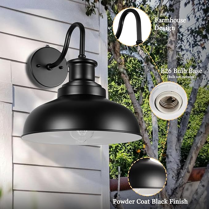 Dusk to Dawn Outdoor Barn Lights, Outdoor Wall Sconces Farmhouse Exterior Wall Mount Light, Vintage Outside Lighting Fixtures, Industrial Black Lanterns for Porch Garage Patio, 2 Pack