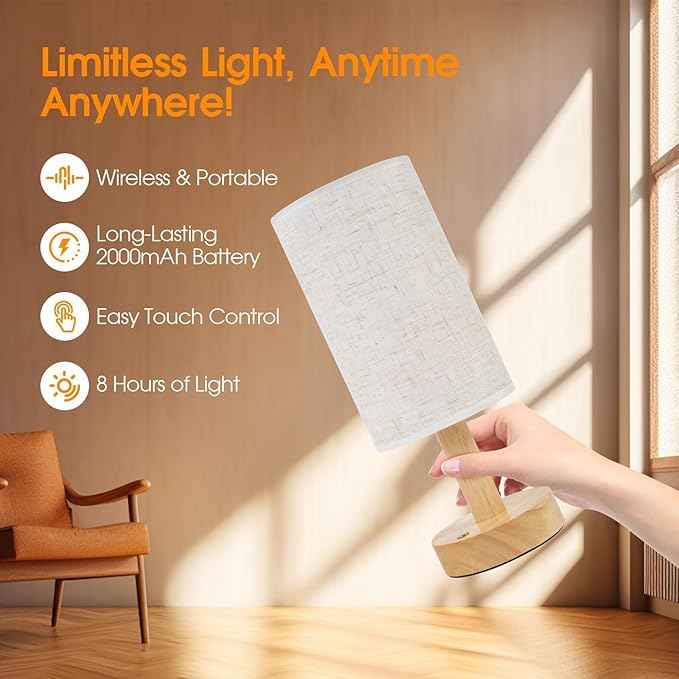 Rechargeable Cordless Table Lamp,Touch Control&Stepless Dimming,Wireless Bedside Ambient Night Light with Wood Base&Linen Shade,Portable Battery Lamp for Bedroom,Nightstand,Nursery,Camping,Outdoor