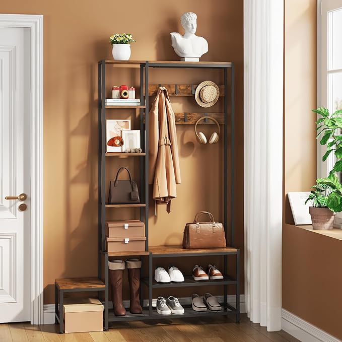Hall Tree with Shoe Storage Bench Coat Rack with 7 Hooks Interchangeable 4 Tier Side Storage Shelves Small Cute Side Bench Industrial 5-in-1 Entryway Coat Rack for Hallway Mudroom Bedroom