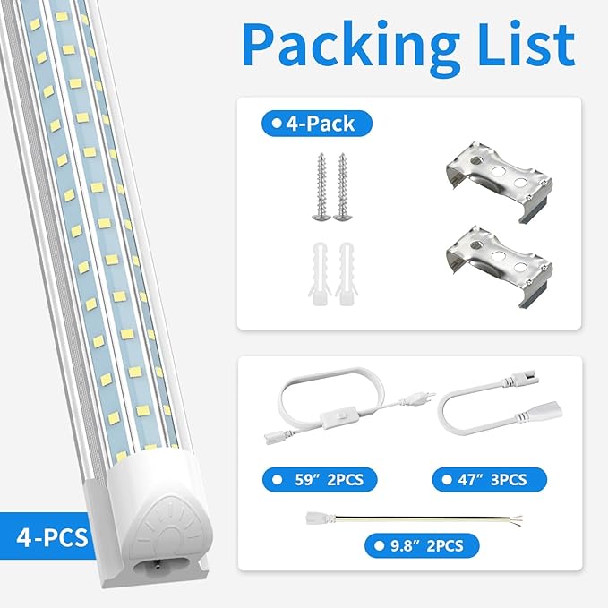 SHOPLED 8FT LED Shop Light, 90W 11700LM 6000K Cool White, Super Bright 300° D-Shape, Linkable T8 Tube Light Fixtures, 4 Pack 8 Foot LED Lights for Garage, Warehouse, Workshop