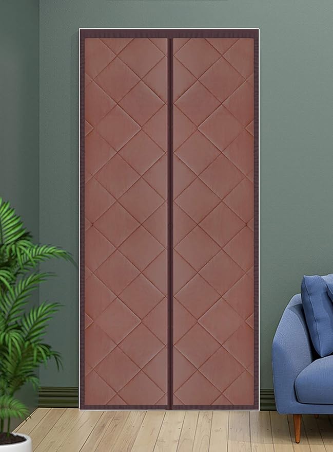 Magnetic Thermal Insulated Blackout Door Curtain Storm Wind Fleece Insulation Curtian Magnetic Screen Door with Thermal and Insulated Waterproof Noise Reduce 47"x94" Inch PU Leather Brown