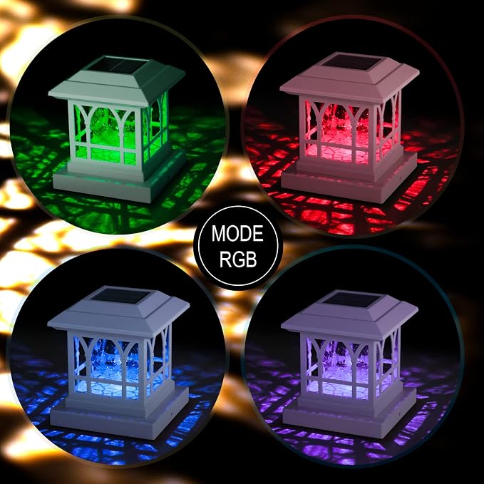 Solar Post Cap Lights, Warm White & RGB Automatic Cycling, Cracked Glass Bulb, 20 Lumens lP65 Waterproof Fit 3.6x3.6 4x4 4.5x4.5 5x5 Wood Fence Post Solar Powered Lights White (12 Pack)