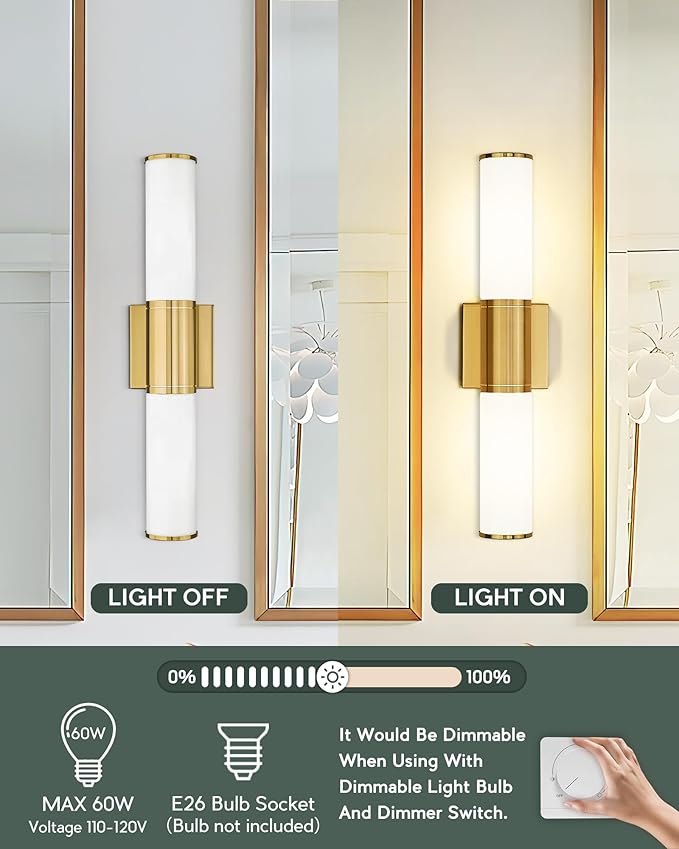 Bathroom Light Fixtures Set of 2, 2 Light Vanity Lights for Mirror with Milk Glass Shade, Up and Down Wall Sconces for Bathroom Bedroom Hallway, Brushed Gold, VL834-BG-ML-2PK