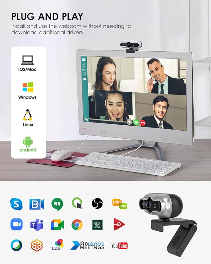 2K HD Webcam with Infrared Windows Hello Facial Recognition, Computer Camera, Privacy Cover, Noise Canceling Microphones, Laptop Webcam For Video Conferencing, Live, Streaming, Online Learning