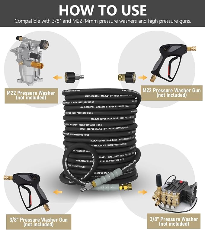 3/8" Pressure Washer Hose 150FT 4800 PSI, Kink Resistant Steel Braided Layer & NonMarking Rubber for Hot/Cold Water, High Power Washer Hose With 3/8 Inch Quick Connect & M22 Fitting, Black