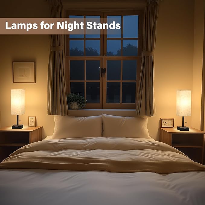 Bedside Table Lamps for Bedroom Set of 2 - Small Rectangular Nightstand Lamp with AC Outlet Charging Port, 3 Color Temperatures Desk Light with Bulb, Tabletop Reading Lamp for Living Room/Dorm/Office