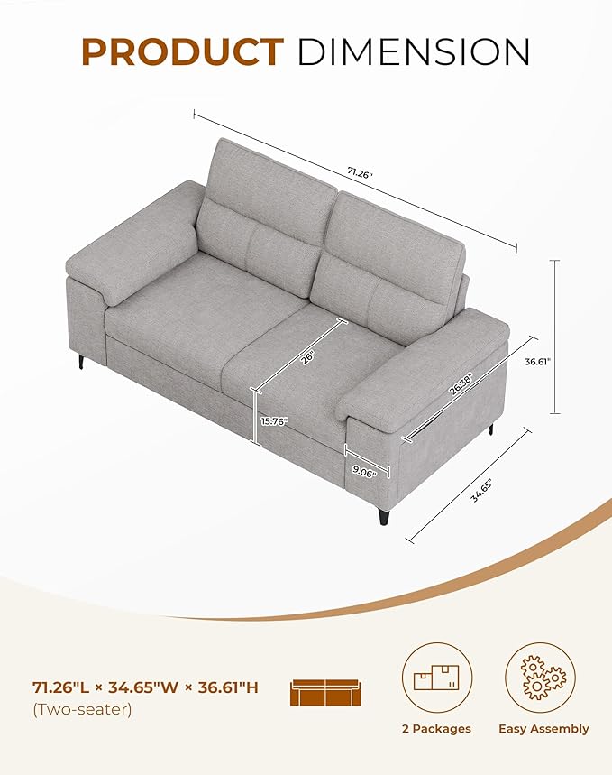 71.25" Modern Couches for Living Room, Deep Seat Sofa with 8” Cushion, Comfy 2-Seater Chenille Loveseat with Convertible Armrest, Removable Sofa Cover, High Leg(Light Gray)