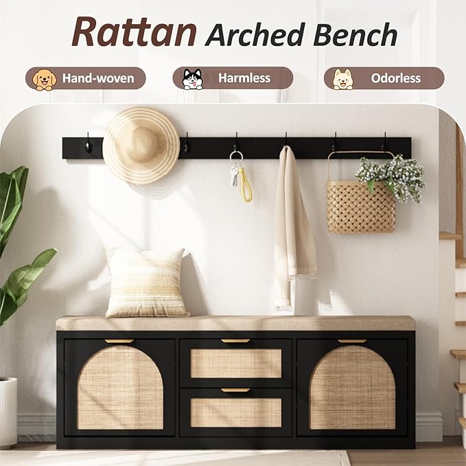 Rattan Narrow Entryway Bench with Shoe Storage, 4 Drawers & Coat Rack, Mid-Century Modern Wood Shoe Cabinet with Seat Cushion for Foyer/Hallway (Black)