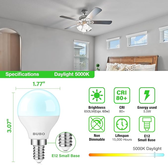 BUBO Ceiling Fan Light Bulbs 60 Watt Equivalent, 5.5W E12 LED Bulb Daylight 5000K, Fan Light Bulb, Small Base LED Light Bulbs 120V, Candelabra Base, Non-Dimmable, 10 Pack