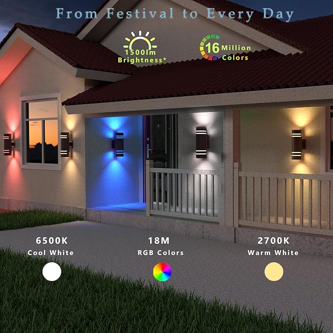 rosykite Smart Outdoor Wall Lights Color Changing 2 Pack, RGB+2700K-6500K Modern Exterior Lighting Fixtures Cylinder Outside Wall Sconce with Glass, WiFi APP Control Up Down Outdoor Porch Lights