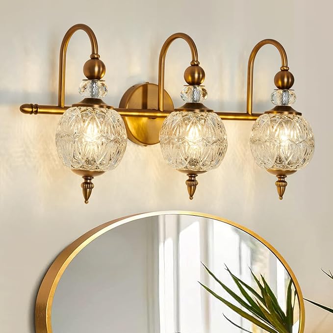 Piepooye Vintage Bathroom Lights Fixtures Gold Vanity Light with Glass Globe LampShade 3 Light Mid Century G9 Bulb Wall Sconce Indoor Vanity Light Over Mirror for Kitchen Bedroom Farmhouse Living Room