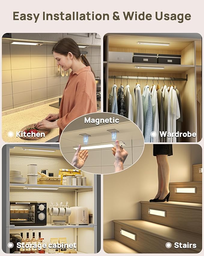 Under Cabinet Lighting with Remote, 12" Motion Sensor Light Indoor, Rechargeable LED Closet Light Wireless, 3 Color Temps & Dimmable, Magnetic Under Counter Lights for Kitchen, Stairs, Pantry, 3 Pack